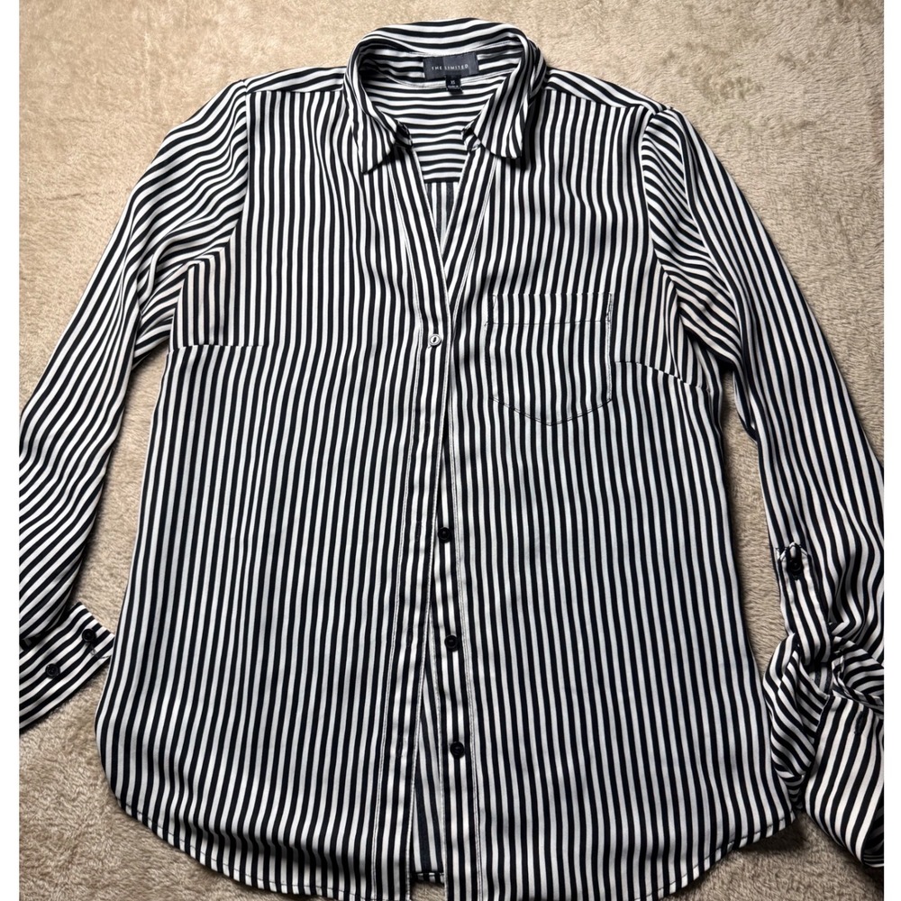 The Limited Womens XS‎ Black White Vertical Stripe Button Down Shirt Office